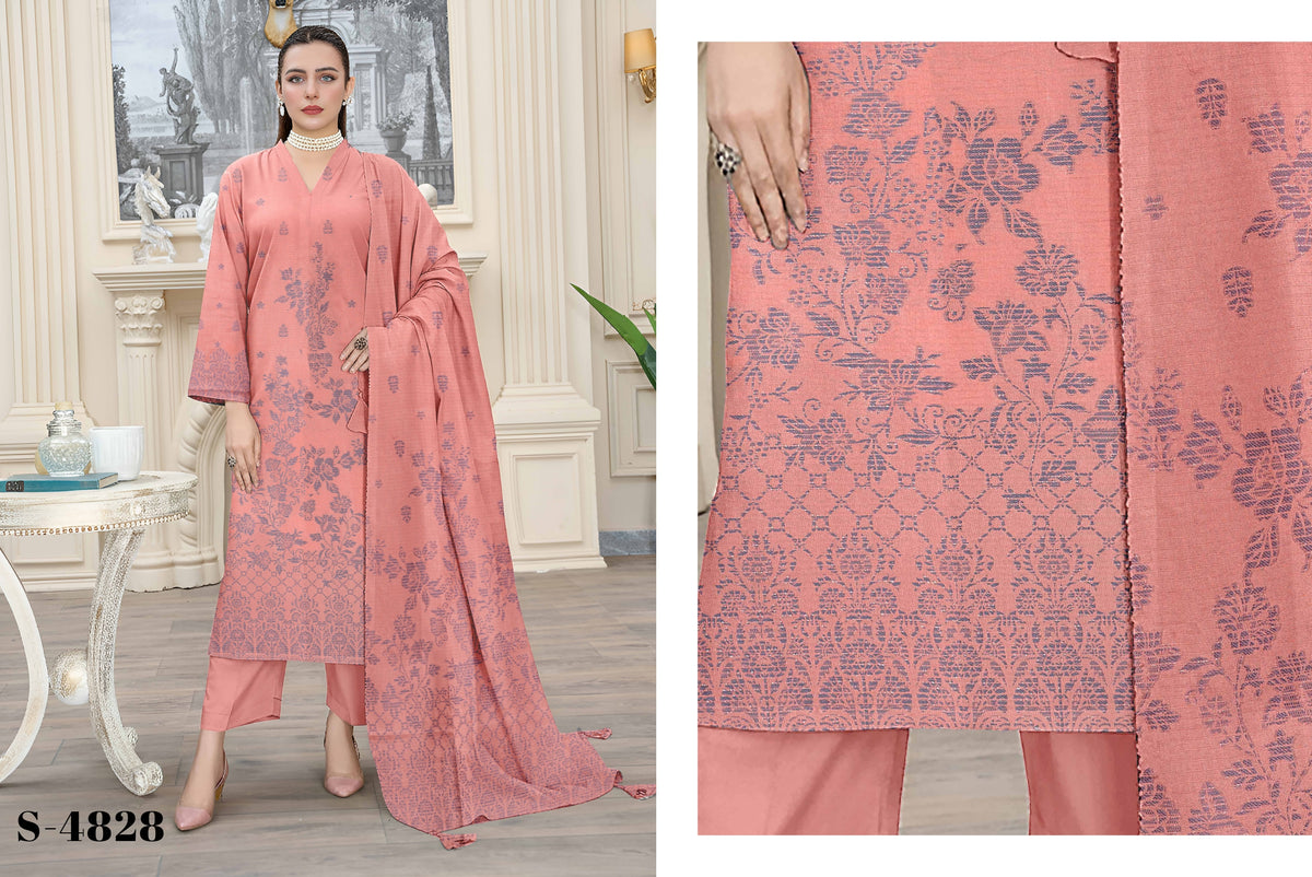 Saqaafah S-4828 Peach Pink & Dusty Blue Printed 3-Piece Unstitched Suit