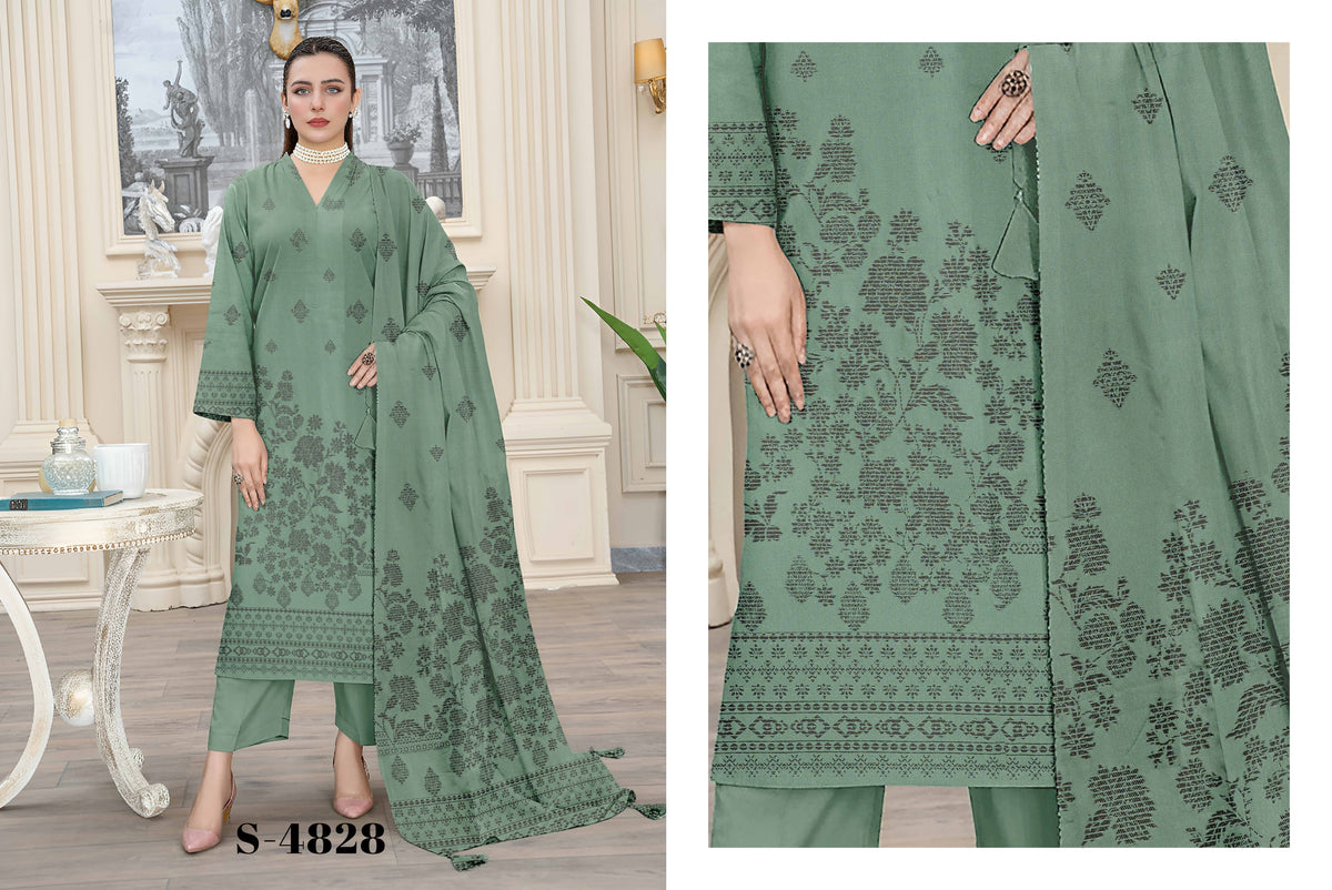 Saqaafah Glamour Dose Sage Green Printed 3-Piece Unstitched Suit