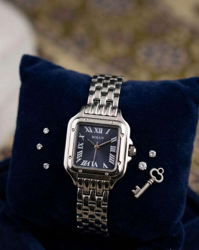Bolun Classic Square Stainless Steel Watch with Navy Blue Dial