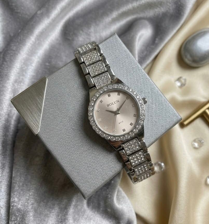 Bolun Silver Crystal Bezel & Paved Strap Watch