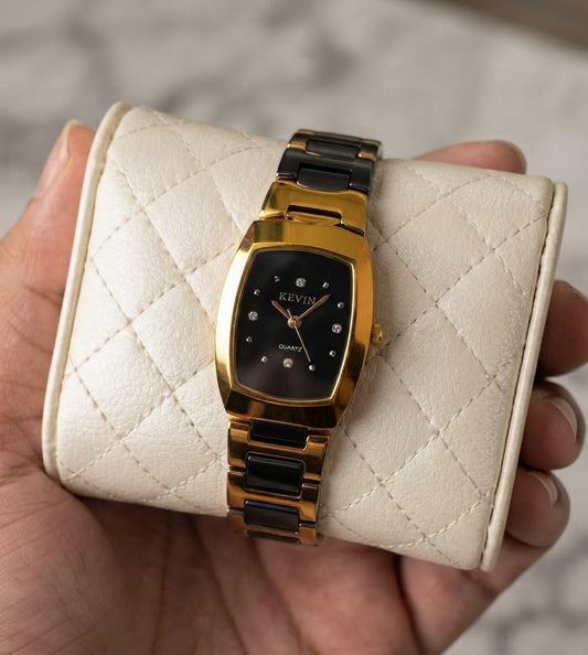 KEVIN Two-Tone Black Ceramic and Gold Watch with Factory Diamond Dial and Roman Numeral