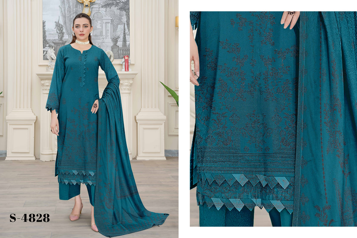 Saqaafah S-4828 Teal Blue Embroidered 3-Piece Unstitched Suit