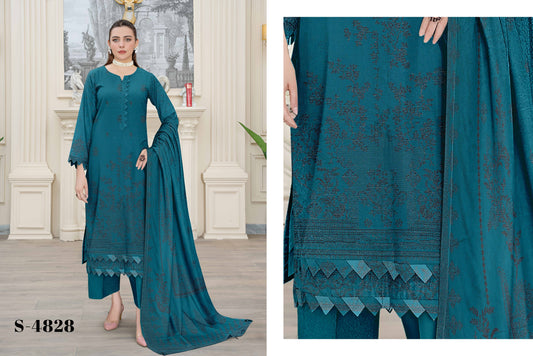 Saqaafah S-4828 Teal Blue Embroidered 3-Piece Unstitched Suit