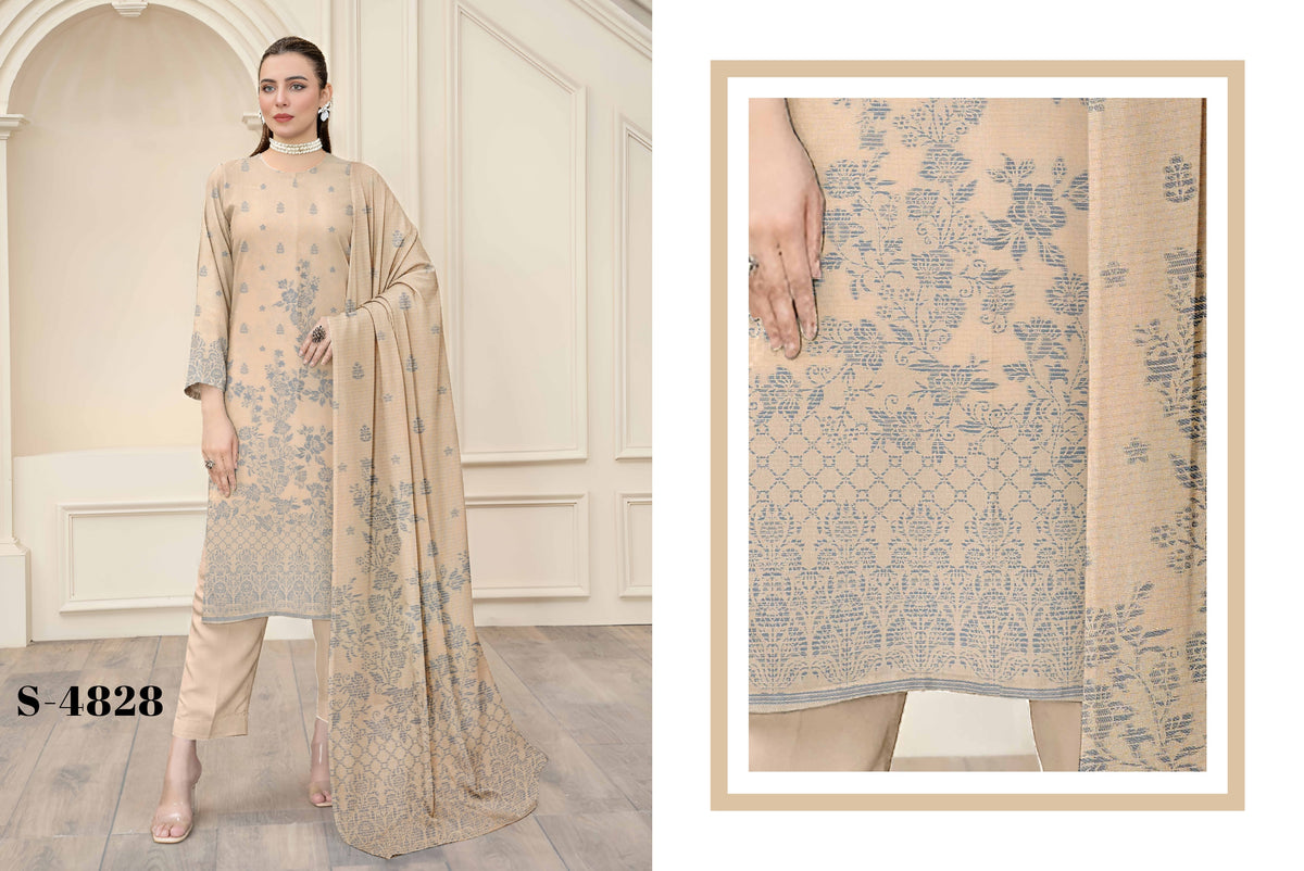 Saqaafah S-4828 Beige & Slate Blue Printed 3-Piece Unstitched Suit