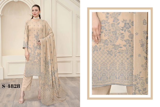 Saqaafah S-4828 Beige & Slate Blue Printed 3-Piece Unstitched Suit