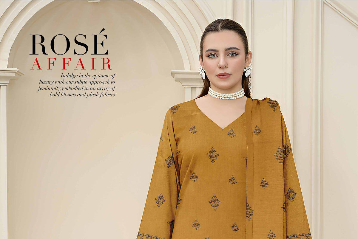 Saqaafah Rosé Affair Mustard Gold Printed 3-Piece Unstitched Suit