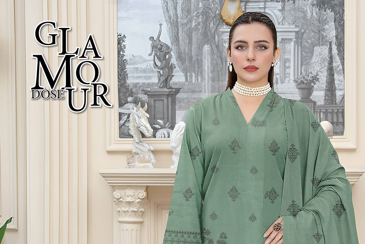 Saqaafah Glamour Dose Sage Green Printed 3-Piece Unstitched Suit