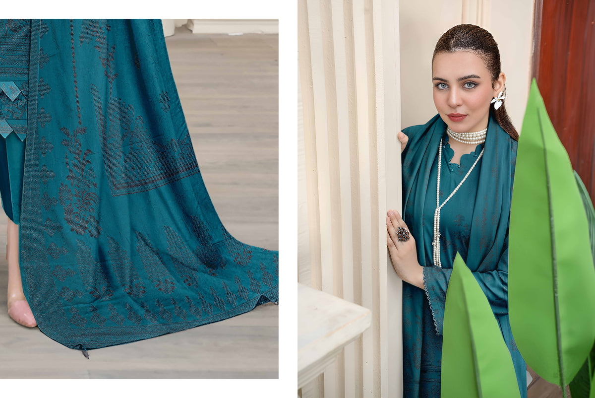 Saqaafah S-4828 Teal Blue Embroidered 3-Piece Unstitched Suit