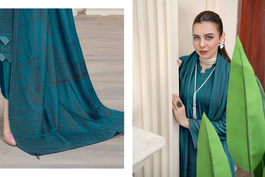 Saqaafah S-4828 Teal Blue Embroidered 3-Piece Unstitched Suit