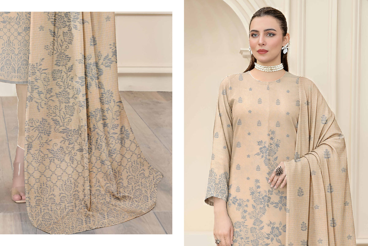 Saqaafah S-4828 Beige & Slate Blue Printed 3-Piece Unstitched Suit