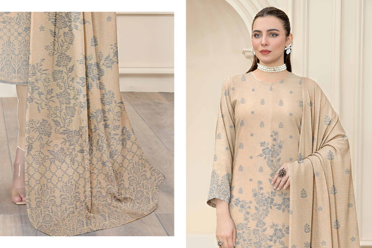 Saqaafah S-4828 Beige & Slate Blue Printed 3-Piece Unstitched Suit