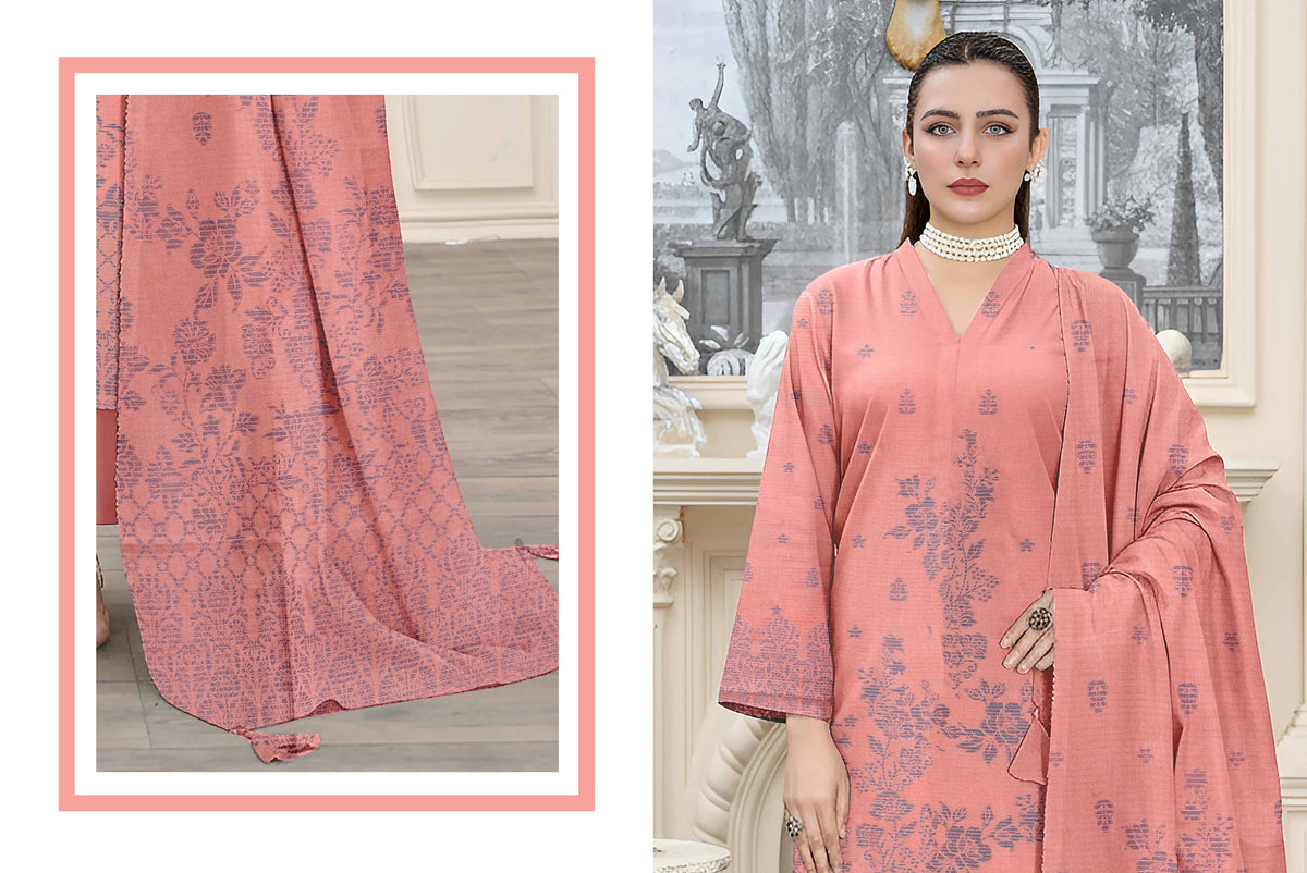 Saqaafah S-4828 Peach Pink & Dusty Blue Printed 3-Piece Unstitched Suit