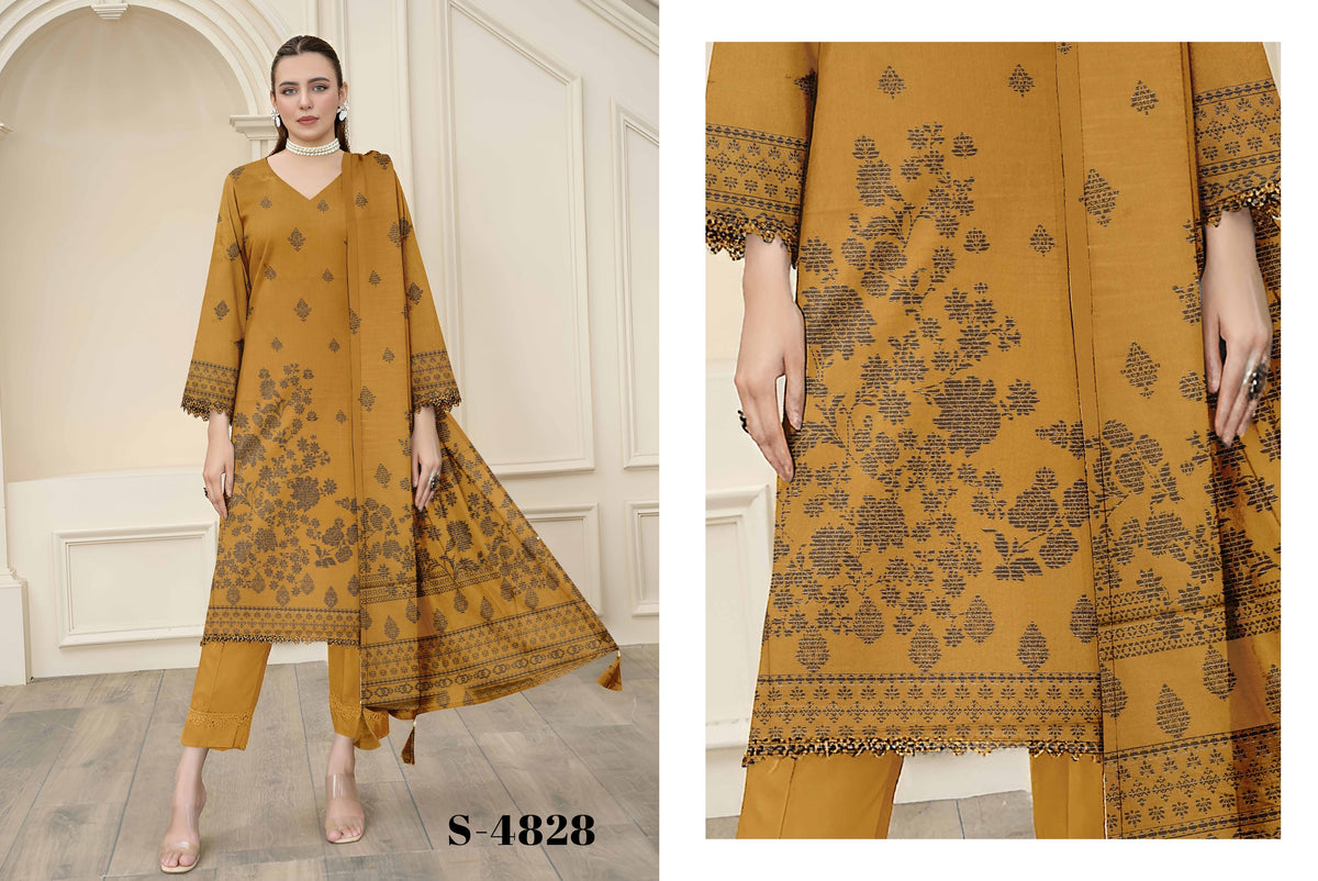 Saqaafah Rosé Affair Mustard Gold Printed 3-Piece Unstitched Suit