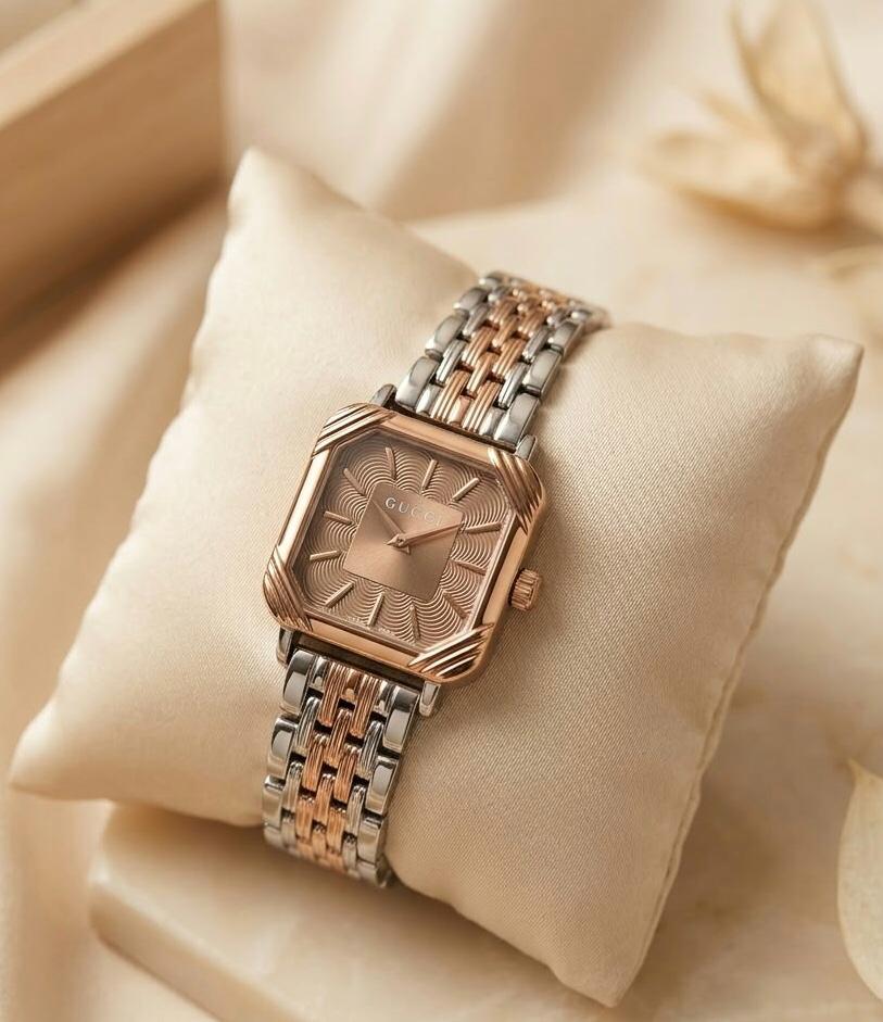 Gucci Two-Tone Square Dress Watch with Rose Gold Textured Dial