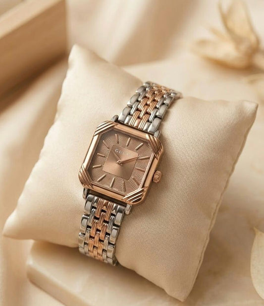 Gucci Two-Tone Square Dress Watch with Rose Gold Textured Dial