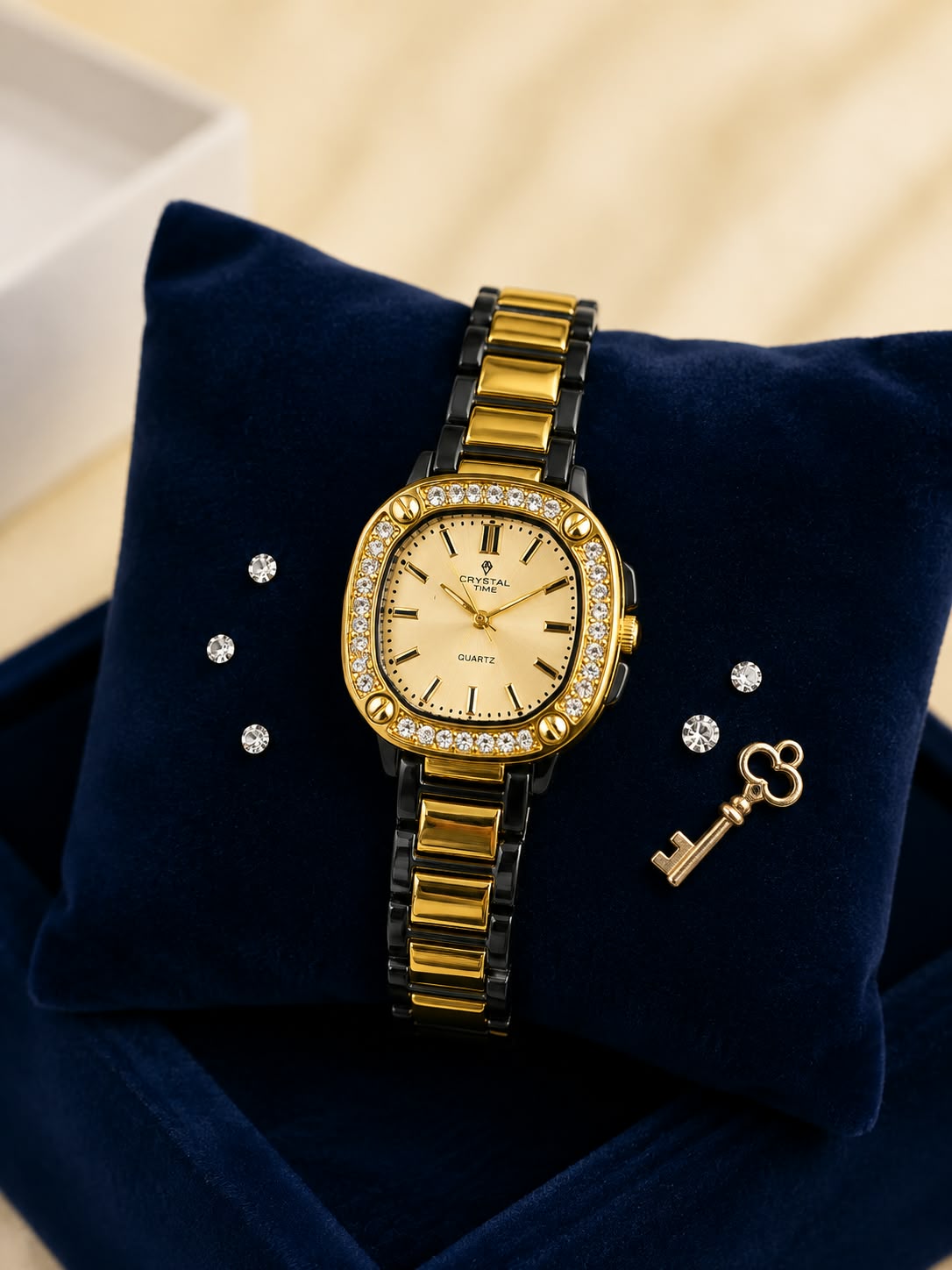 Bold Gold & Black Cushion-Cut Women's Watch Gift Set