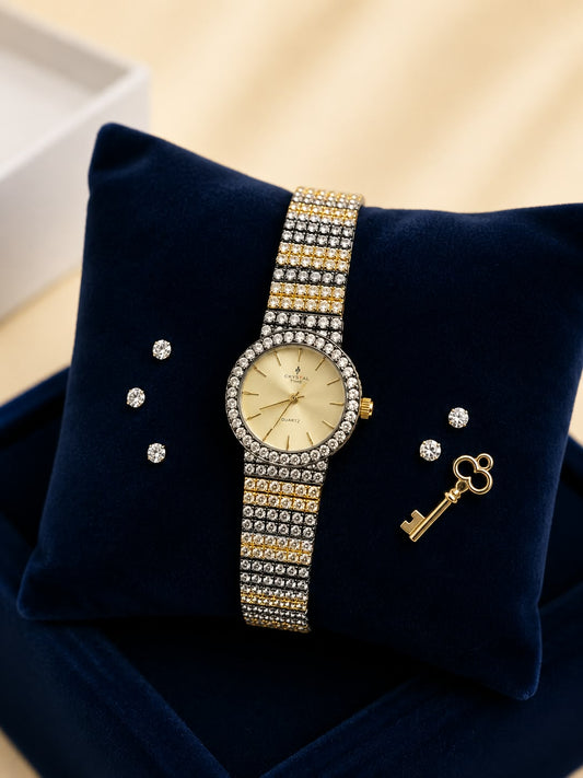 Elegant Two-Tone Crystal-Encrusted Women's Watch Set