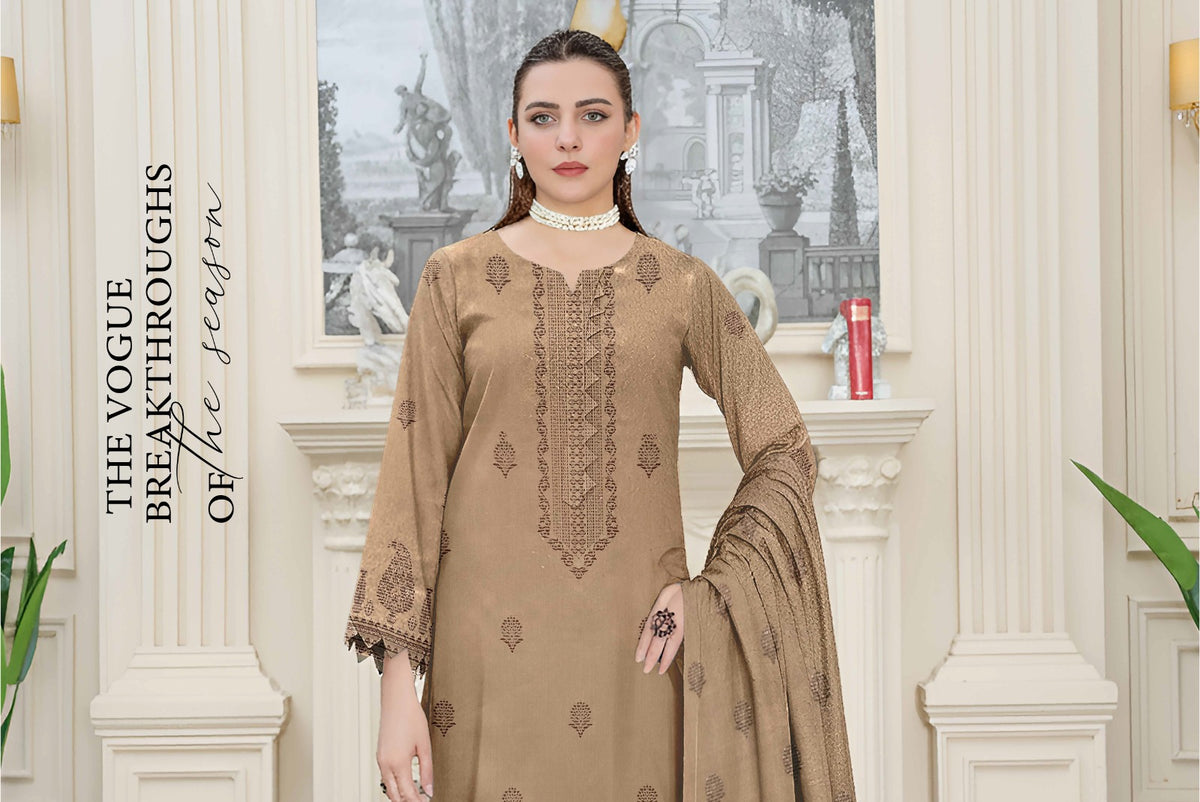 Elegant Beige Embroidered 3-Piece Unstitched Suit
