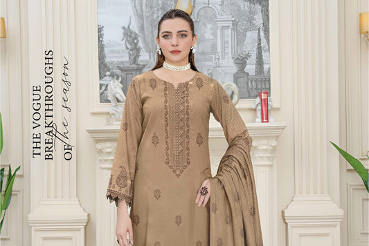 Elegant Beige Embroidered 3-Piece Unstitched Suit