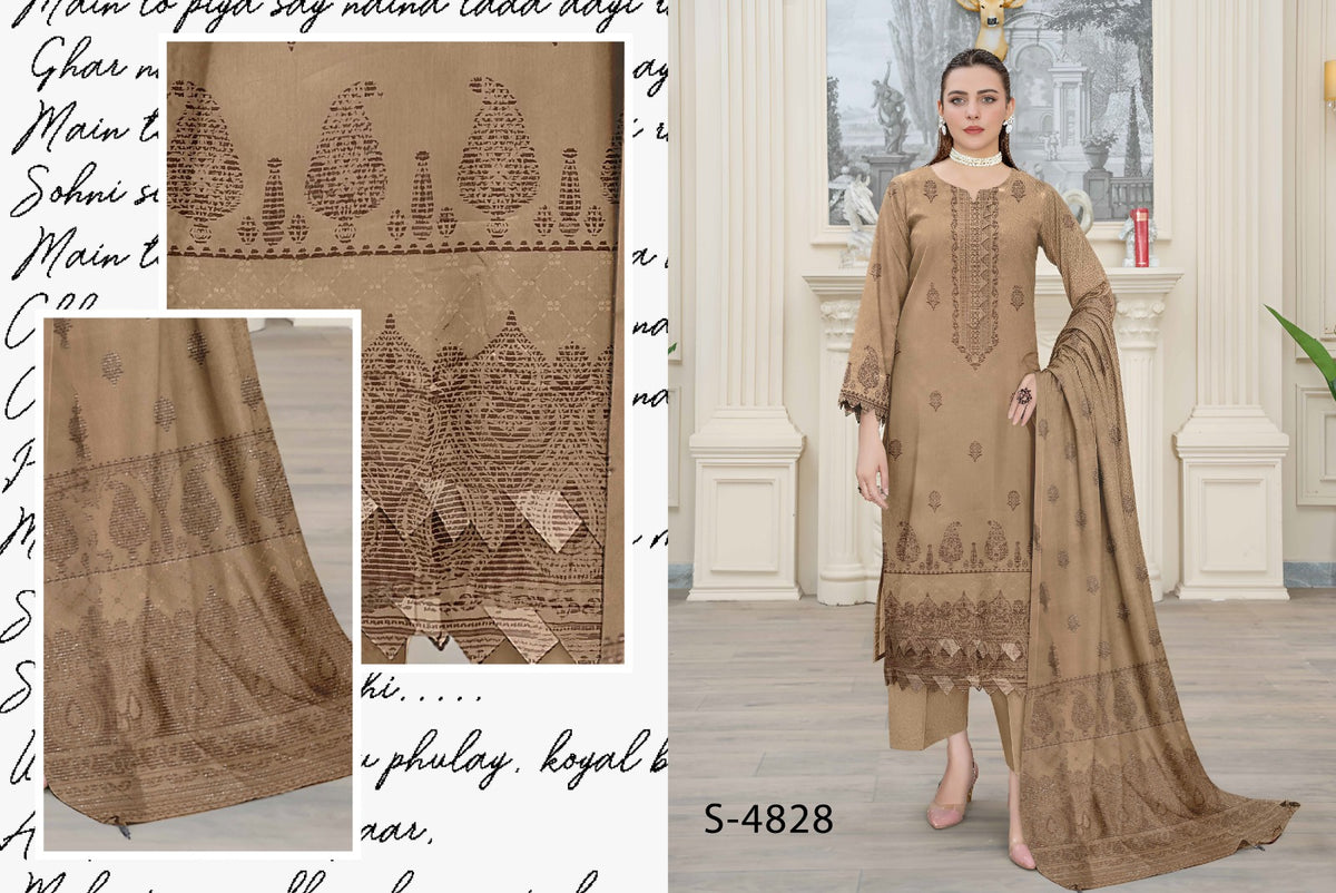 Elegant Beige Embroidered 3-Piece Unstitched Suit