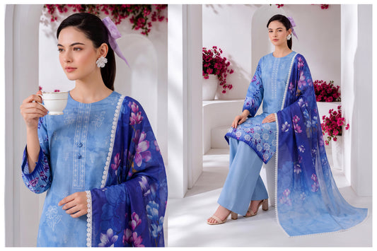 Sky Blue & Royal Floral 3-Piece Printed Lawn Unstitched Suit