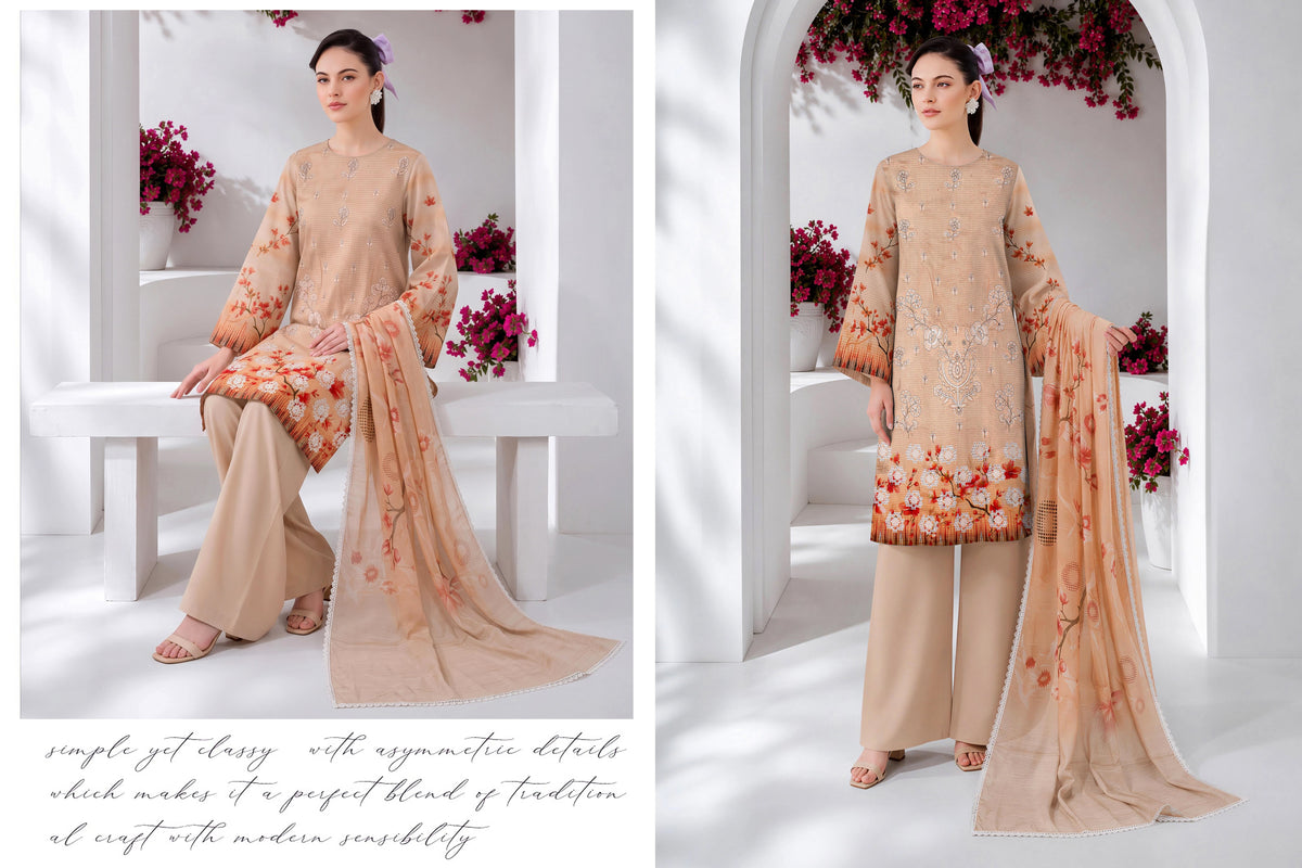 Warm Beige Autumn Floral 3-Piece Printed Lawn Suit