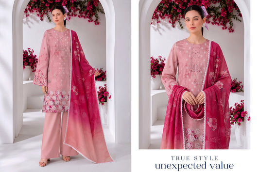 Blush Pink & Magenta Floral 3-Piece Printed Lawn Suit