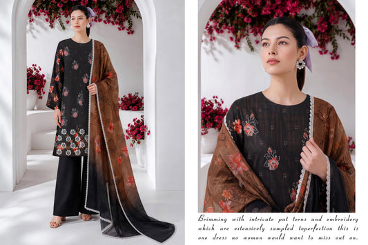 Midnight Black & Coffee Floral 3-Piece Printed Lawn Suit