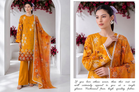 Mustard Yellow & Sunset Orange Floral 3-Piece Printed Lawn Suit